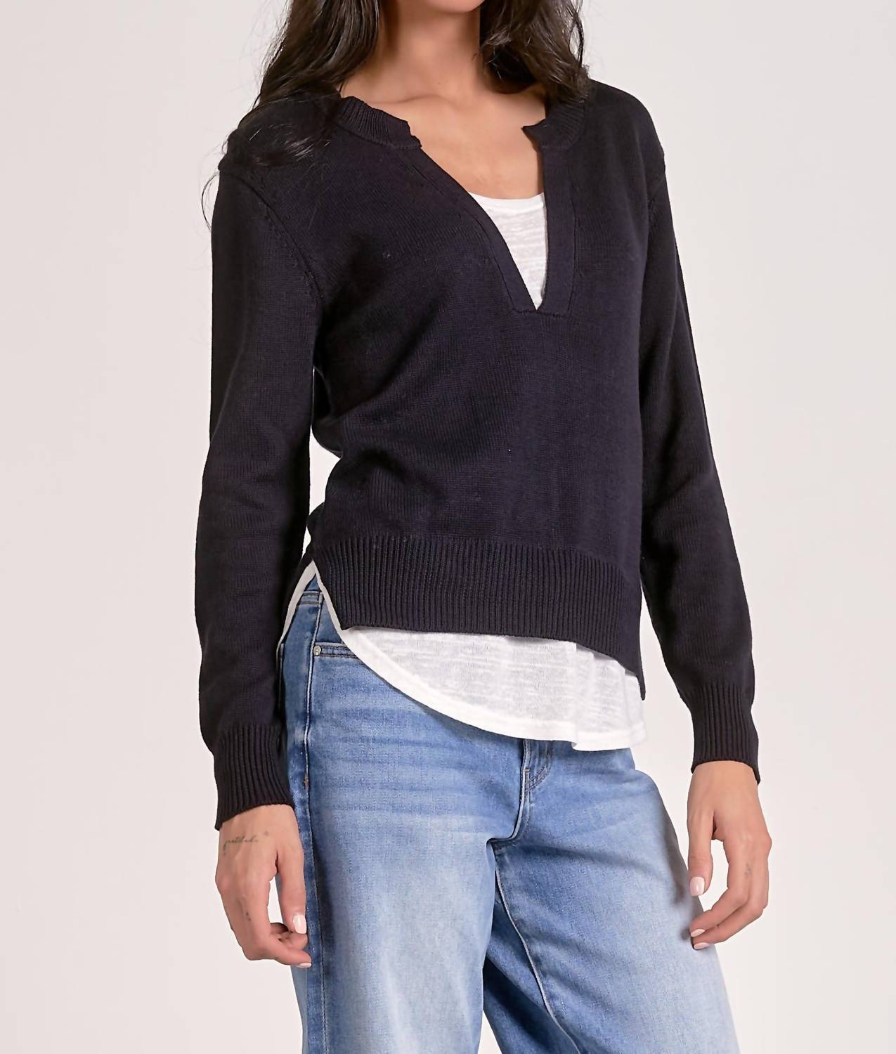 ELAN Layered Two-For One Knit Top in navy white - women's long sleeve top