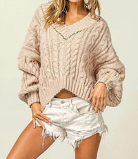Bibi - Stitch Edge Cable Knit V-neck Sweater Top