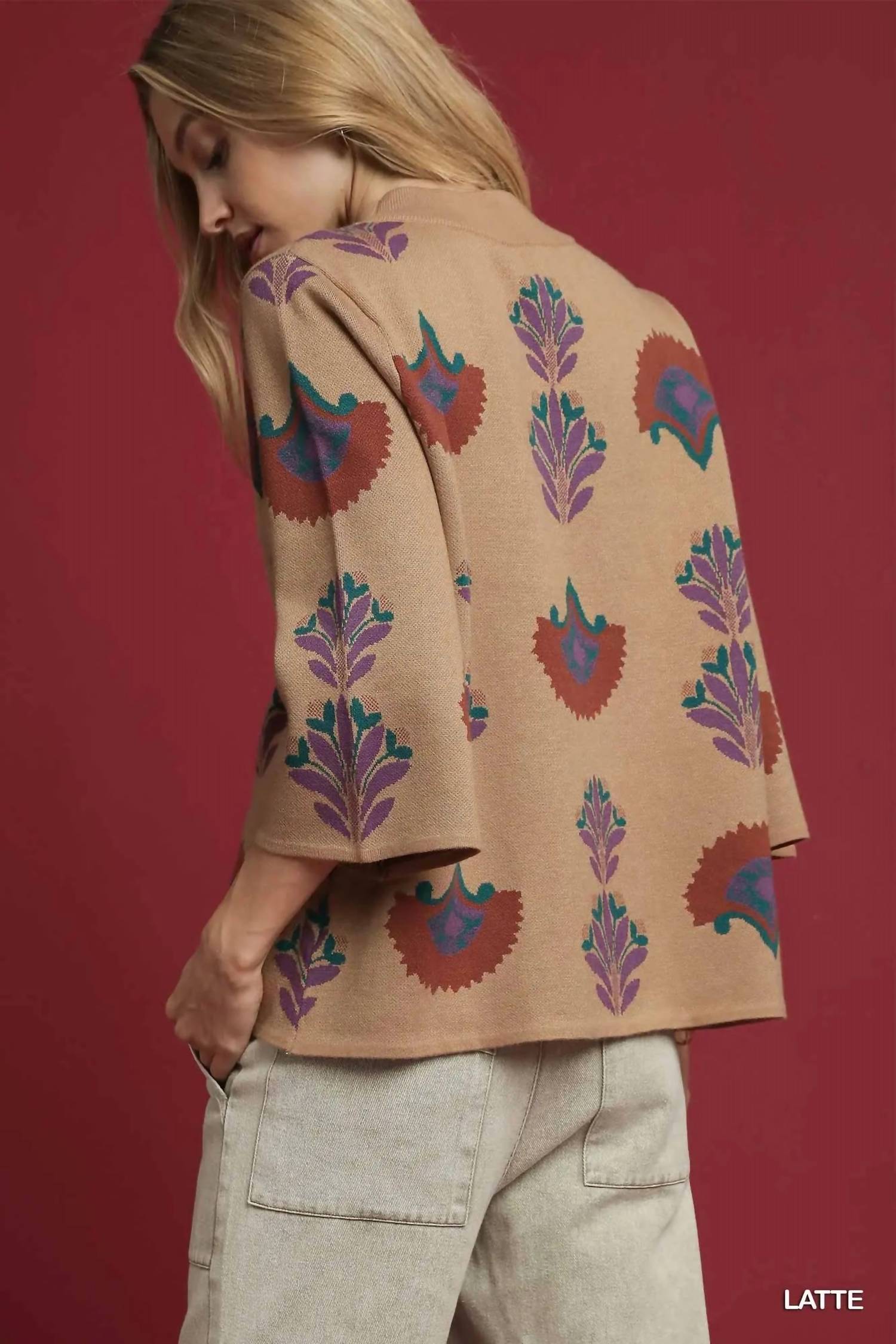 umgee Floral Knit Sweater Top in latte - women's sweater - alternate view