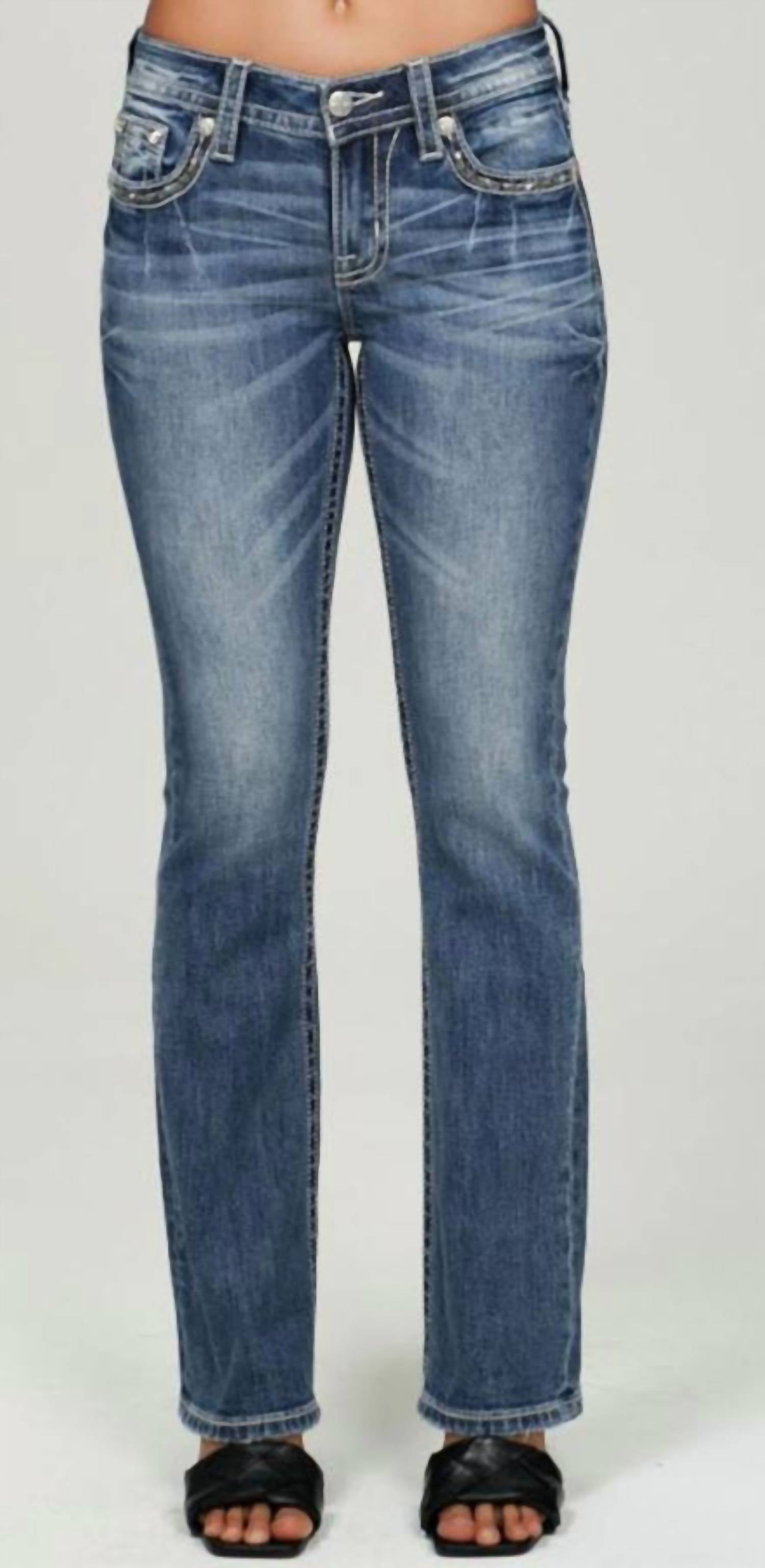 Miss Me Women's Mid Rise Boot Cut Cross Stitch Jeans in vintage blue - women's jeans