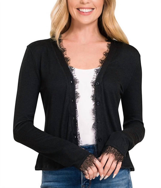 Zenana - Lace Trim Ribbed Cardigan
