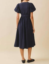 TCEC Puff Sleeve Midi Dress in navy - women's dress - alternate view