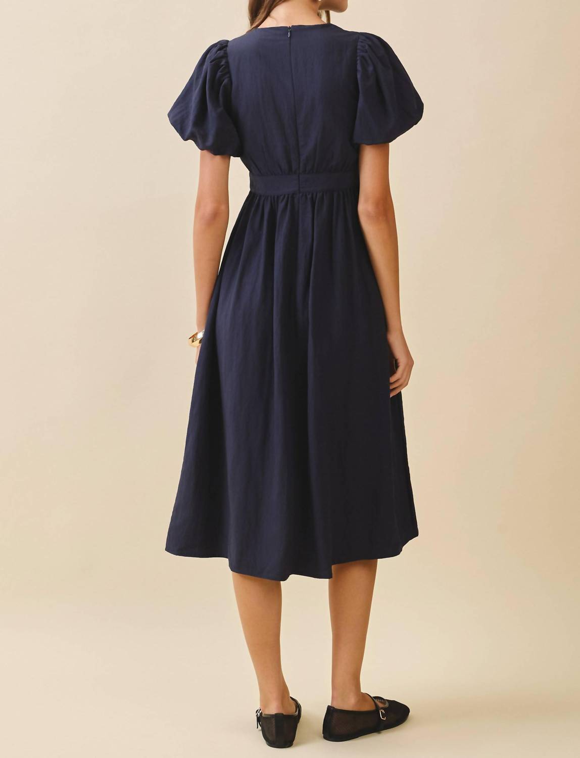 TCEC Puff Sleeve Midi Dress in navy - women's dress - alternate view