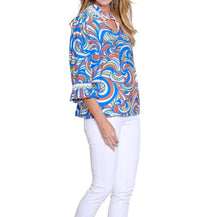 Multiples - Cuffed 3/4 Flounce Sleeve Notch Neck Ruffle Stand Collar Top