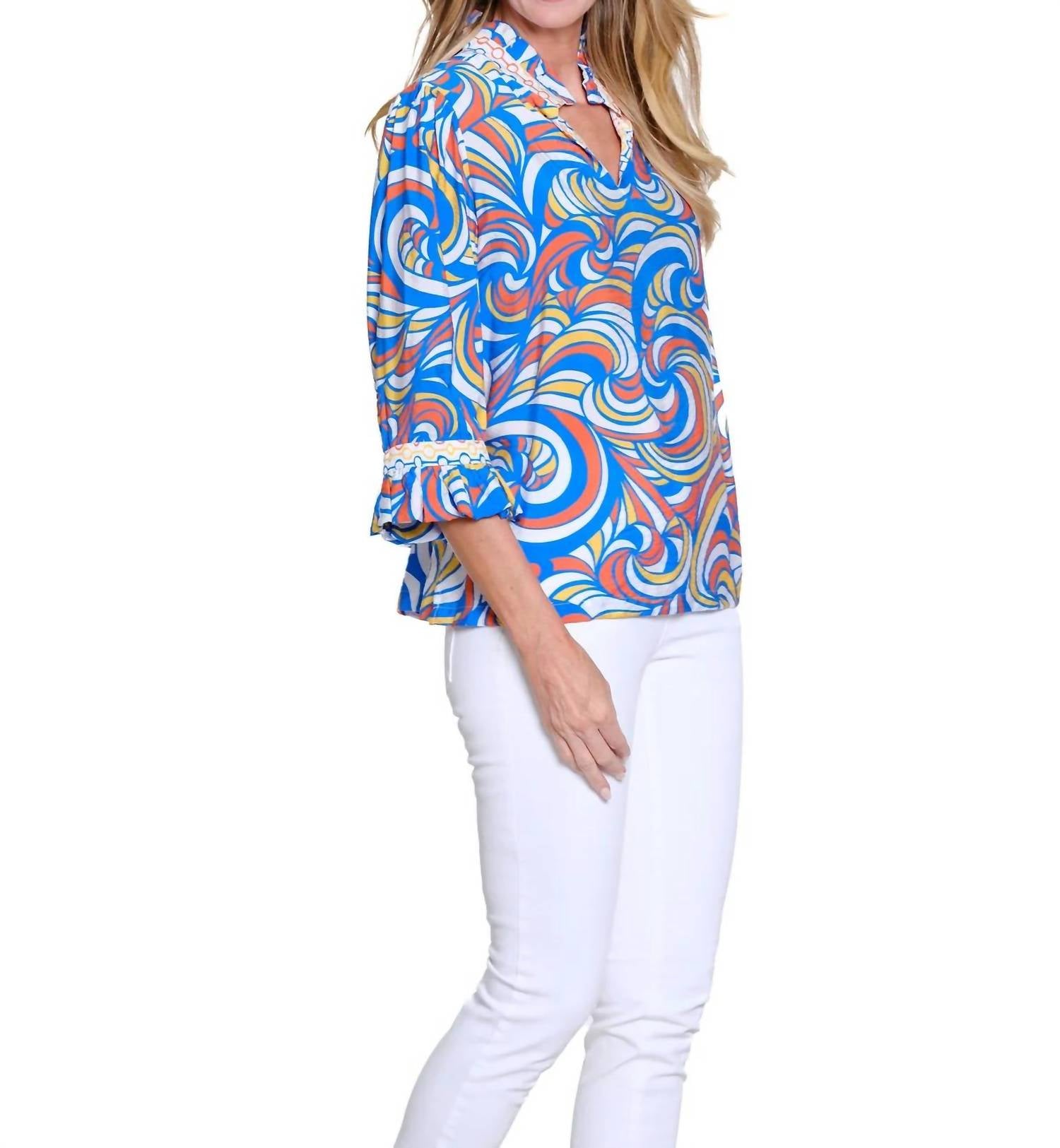 Multiples - Cuffed 3/4 Flounce Sleeve Notch Neck Ruffle Stand Collar Top