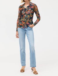 Johnny Was MESH BUTTON UP MOCK NECK TOP in ofelia teal - women's long sleeve top - view 4