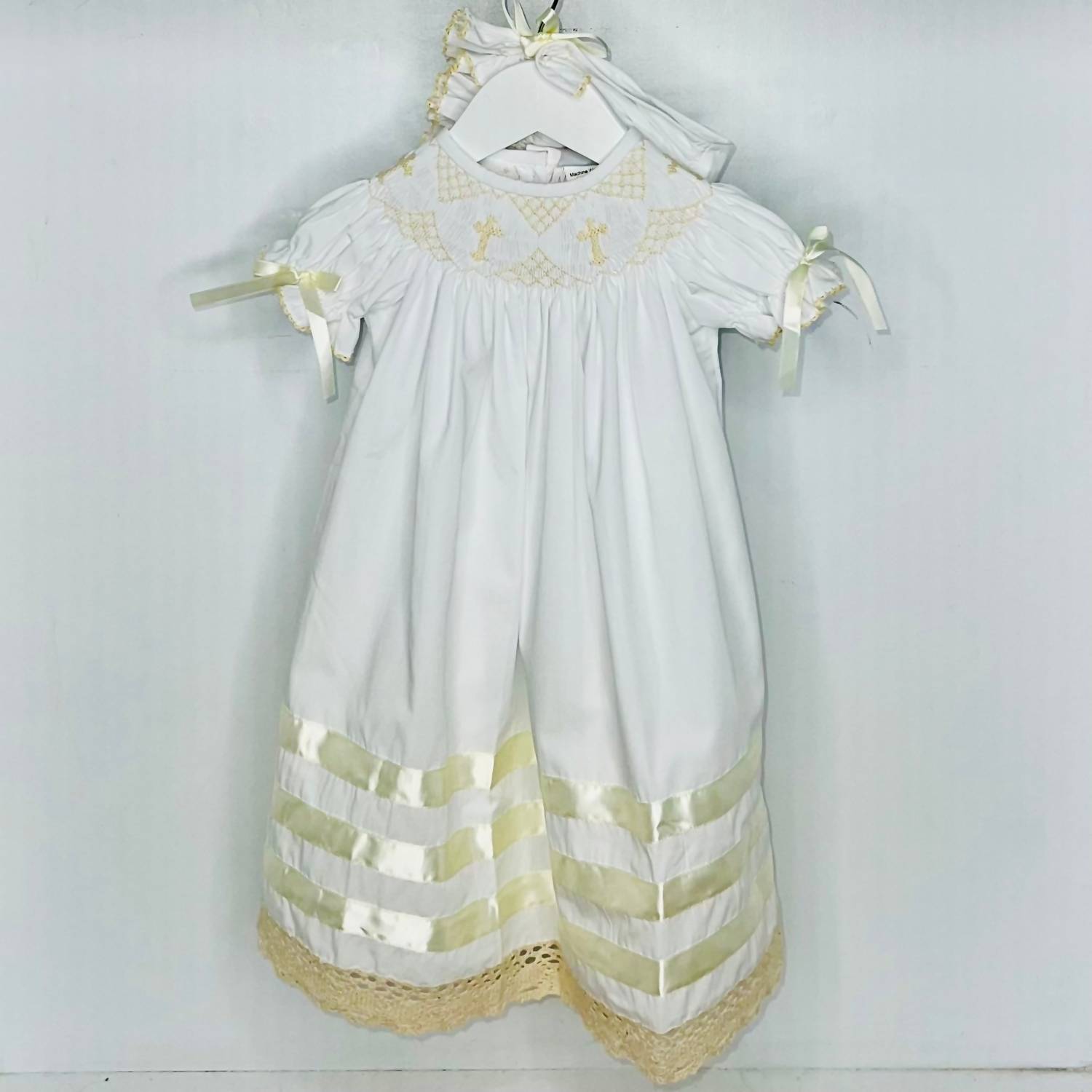 Delaney - Kid's Lace Smocked Cross Heirloom Day-gown And Bonnet