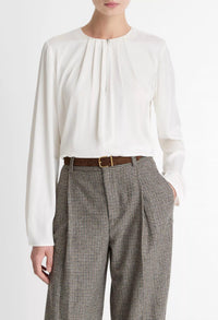 Vince Pleated Neck Long Sleeve Blouse in off white - women's blouse