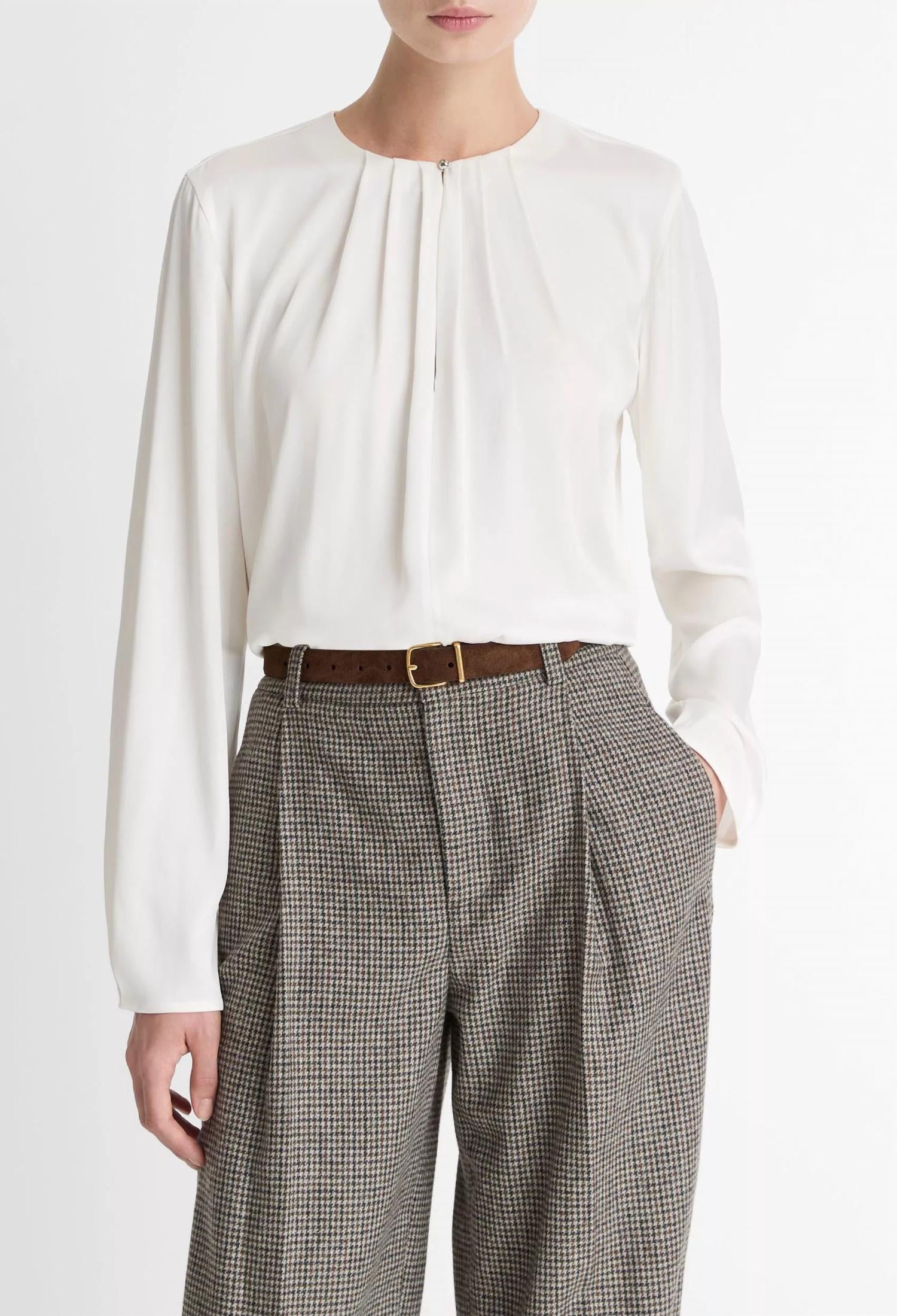 Vince Pleated Neck Long Sleeve Blouse in off white - women's blouse
