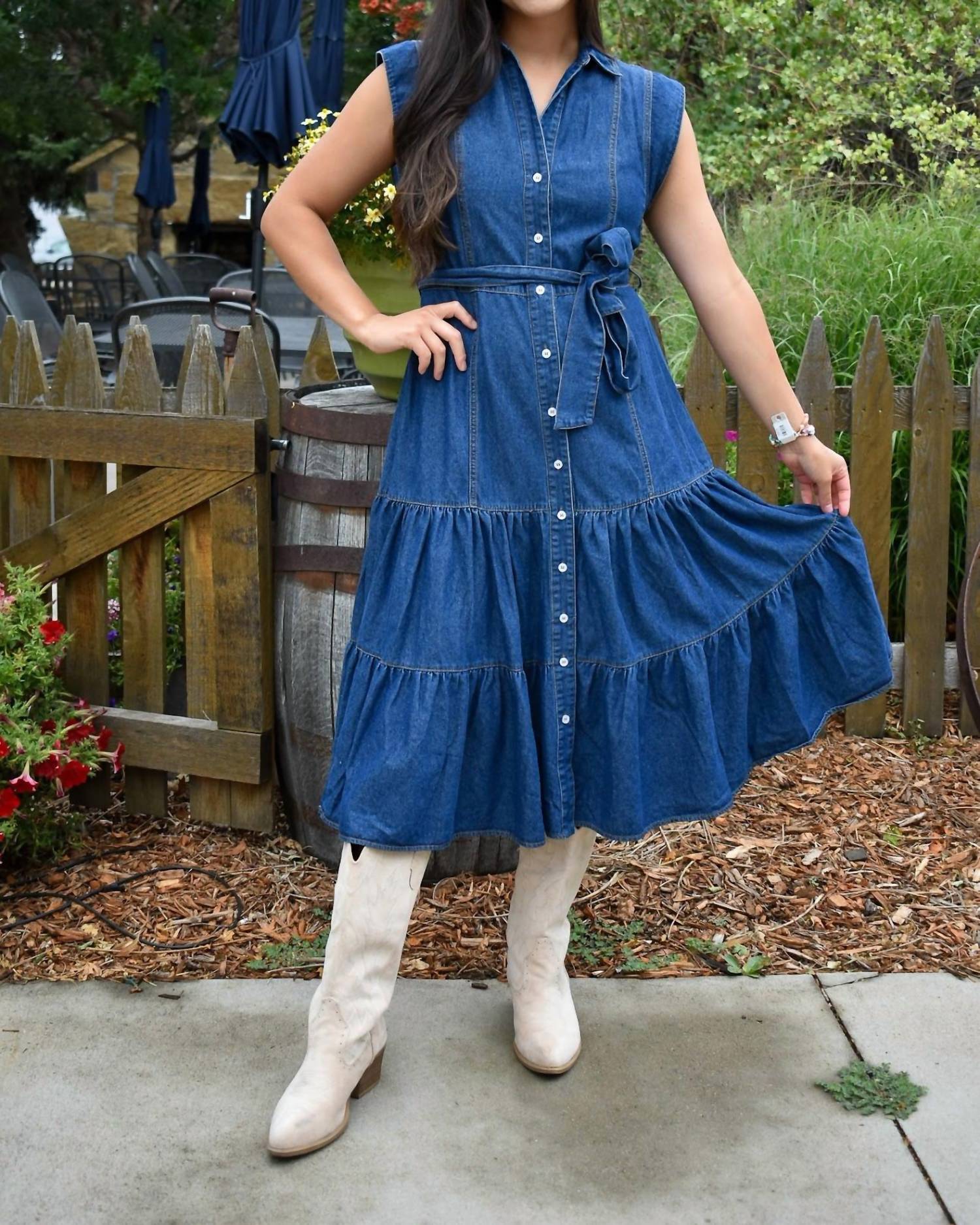 Blue B - Women's Dakota Belted Button Up Tiered Denim Midi Dress