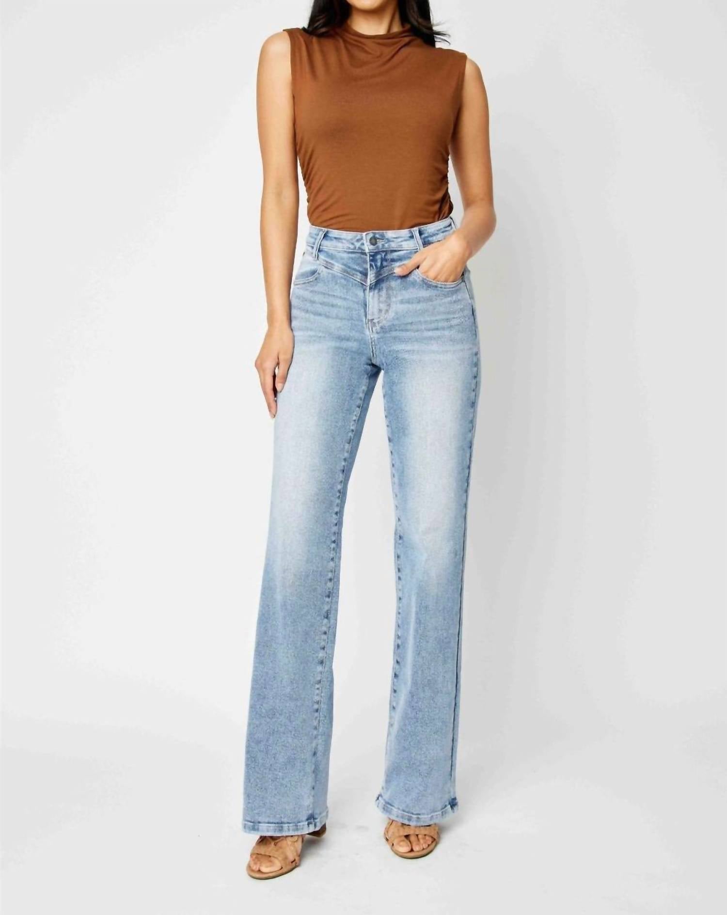 Judy Blue Front Yoke Retro Wide Leg Denim Jeans in medium blue - women's jeans - view 15