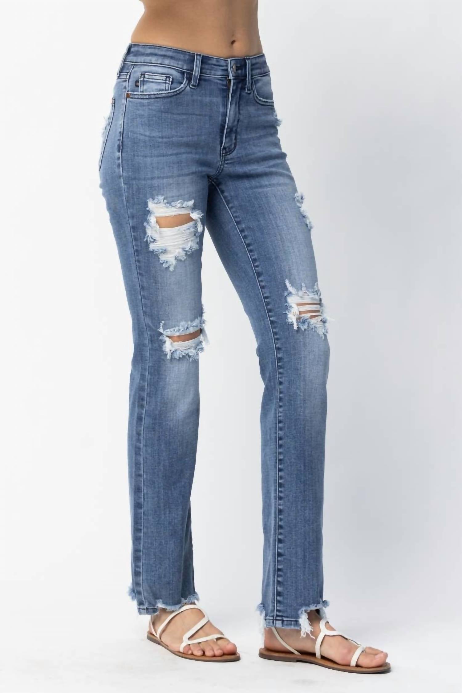 Judy Blue - Distressed Mid Rise Straight Leg Jeans
