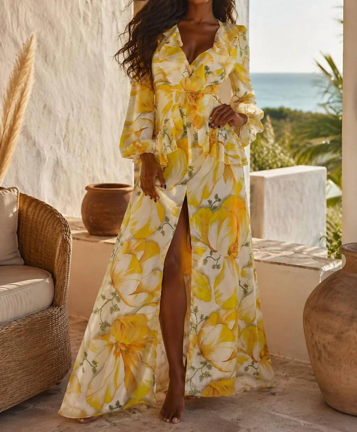 Surelymine - Floral Maxi Dress With Long Sleeves And Open Back