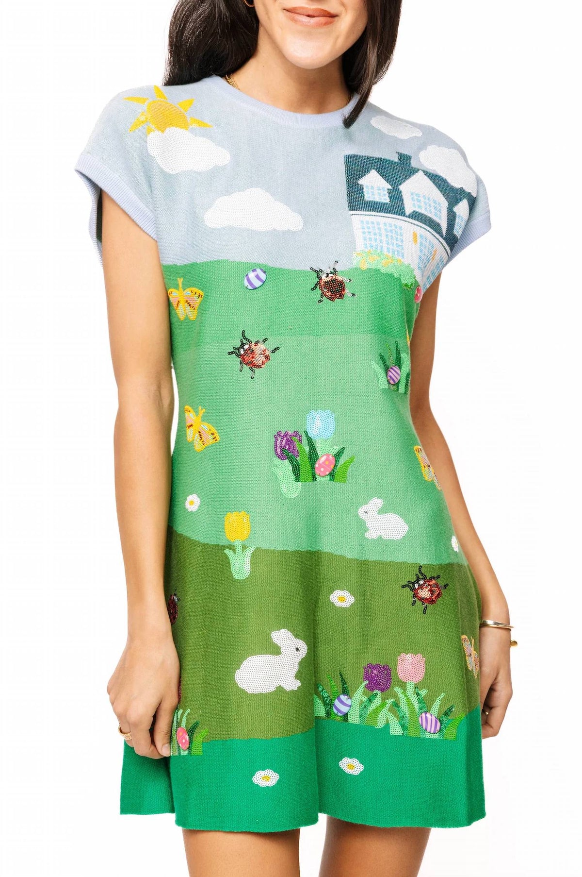 Queen Of Sparkles - Easter Bunnies & Eggs In Yard Scene Knit Short Sleeve Dress