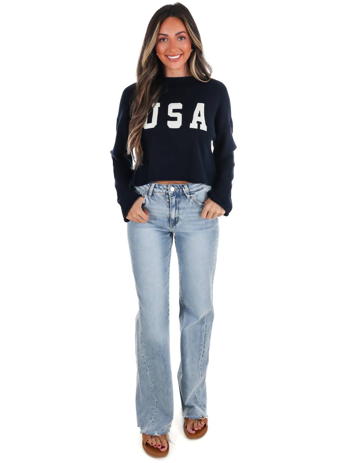 Le Lis - Varsity USA Mock Neck Crop Sweater