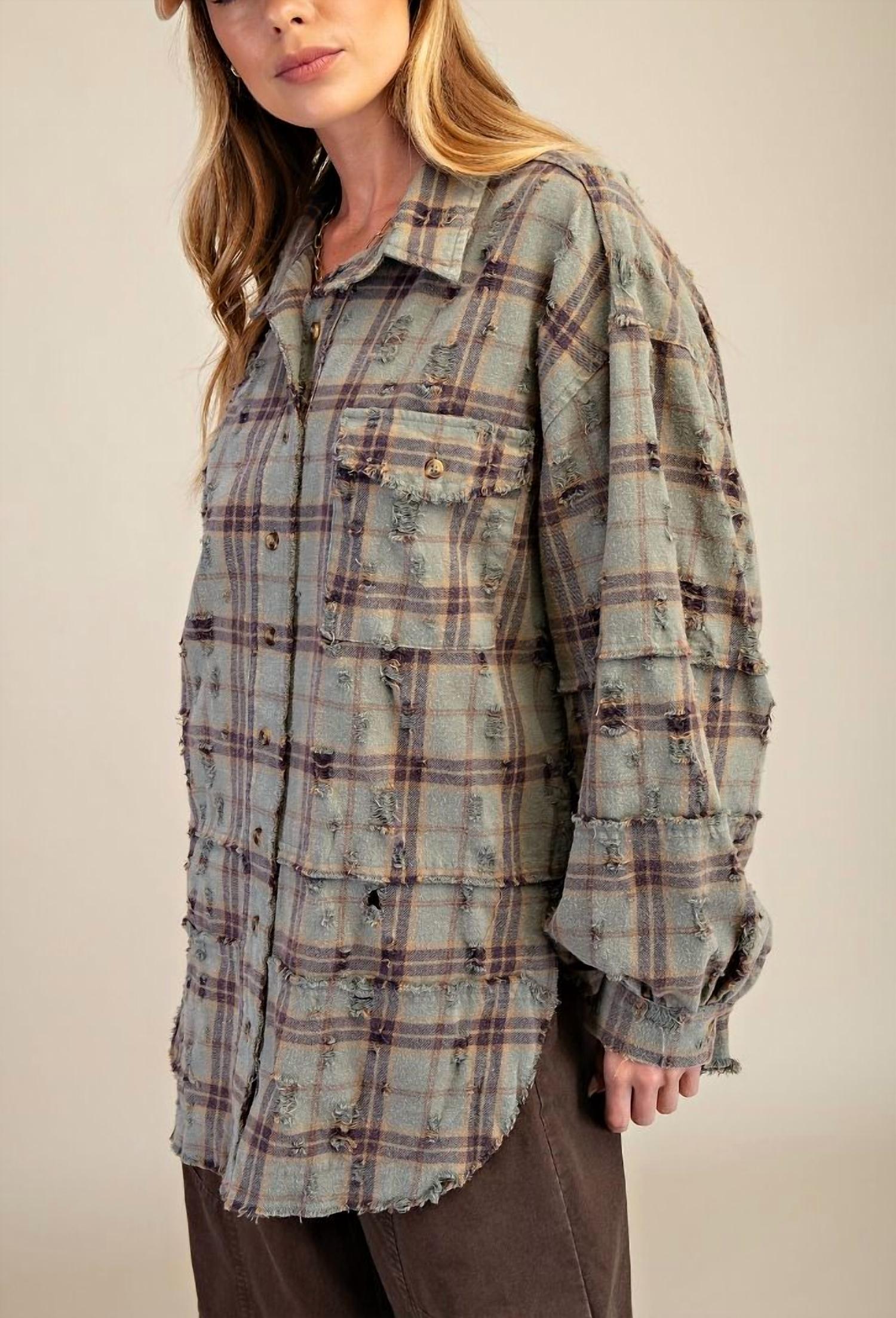 Easel Oversized Distressed Flannel Shirt in dusty sage - women's shirt