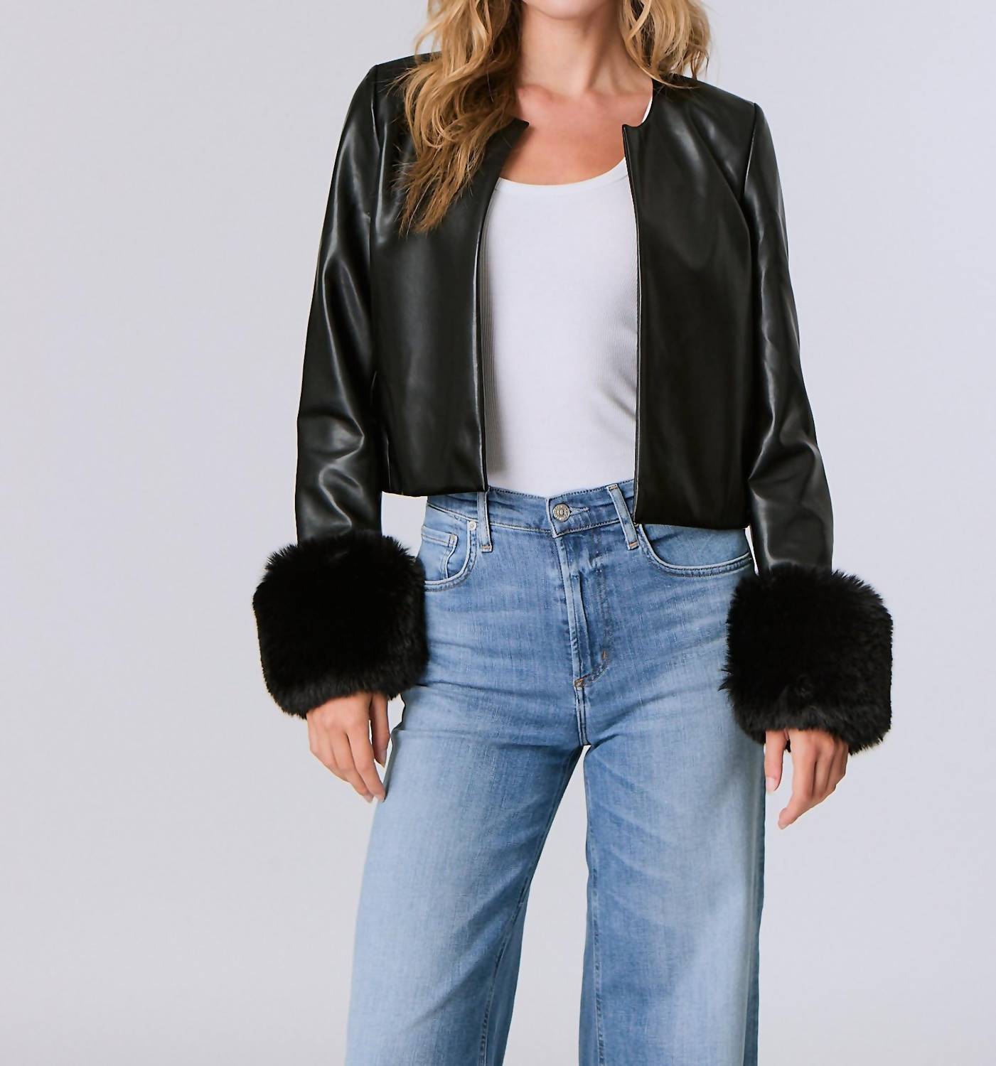 J. Society - Faux Leather Cardigan Jacket With Fur Cuffs
