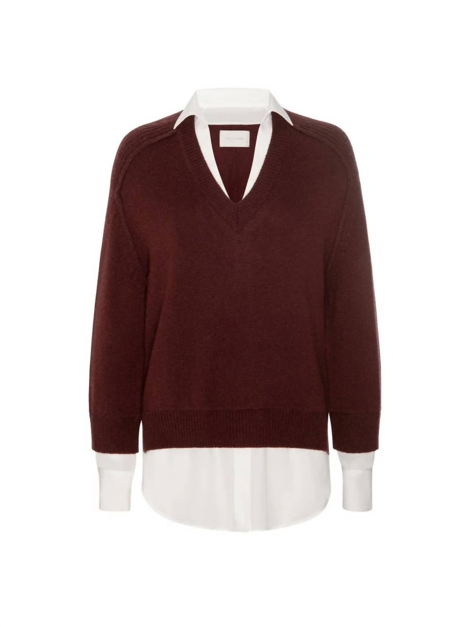 Brochu Walker V-Neck Layered Pullover Sweater in cordovan - women's sweater - view 6