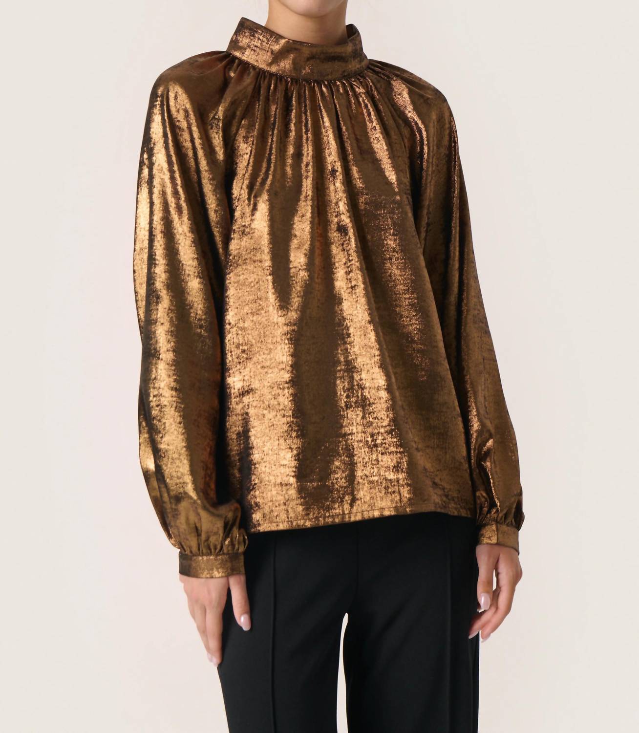 Soaked In Luxury - Elvie Funnel Neck Metallic Blouse