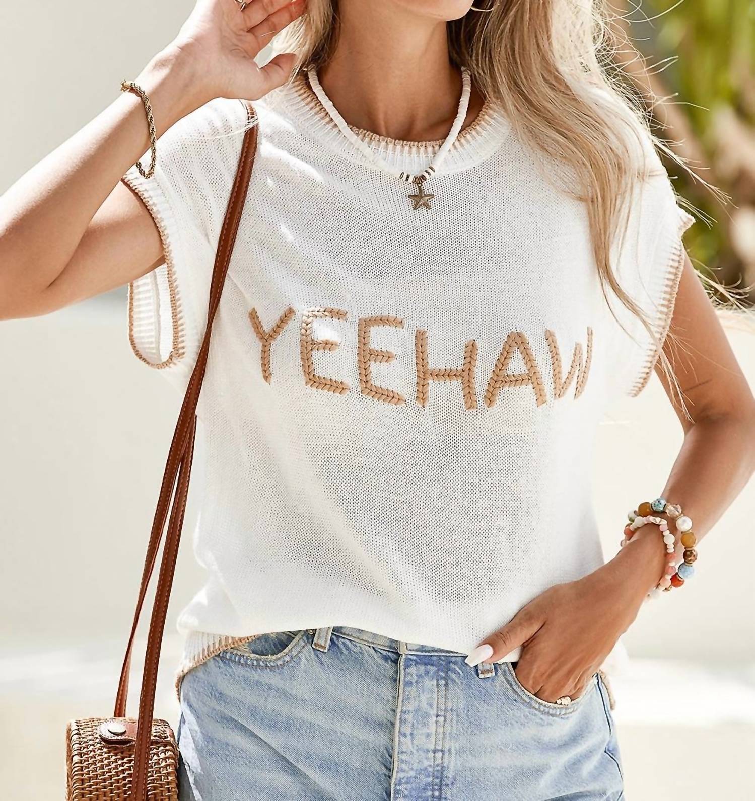 Little Daisy Closet - Knitted Yeehaw Stitch Edge Crew Neck Sweater T Shirt