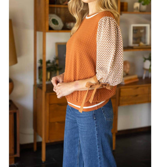 Voy - Color Block Textured Knit Bow Tie Sleeve Top