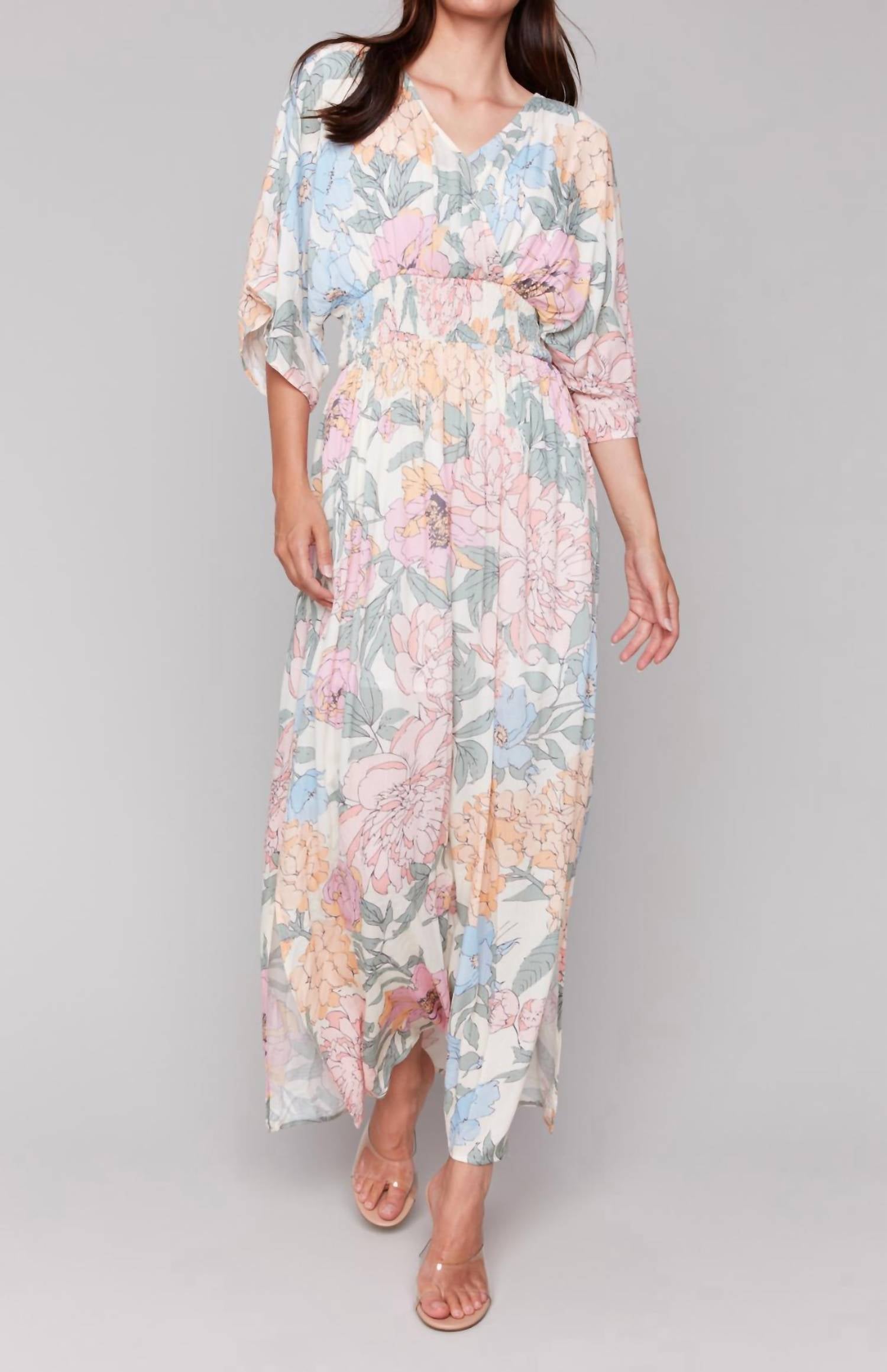 Charlie B - Dolman Sleeves Floral Maxi Dress With Side Slits