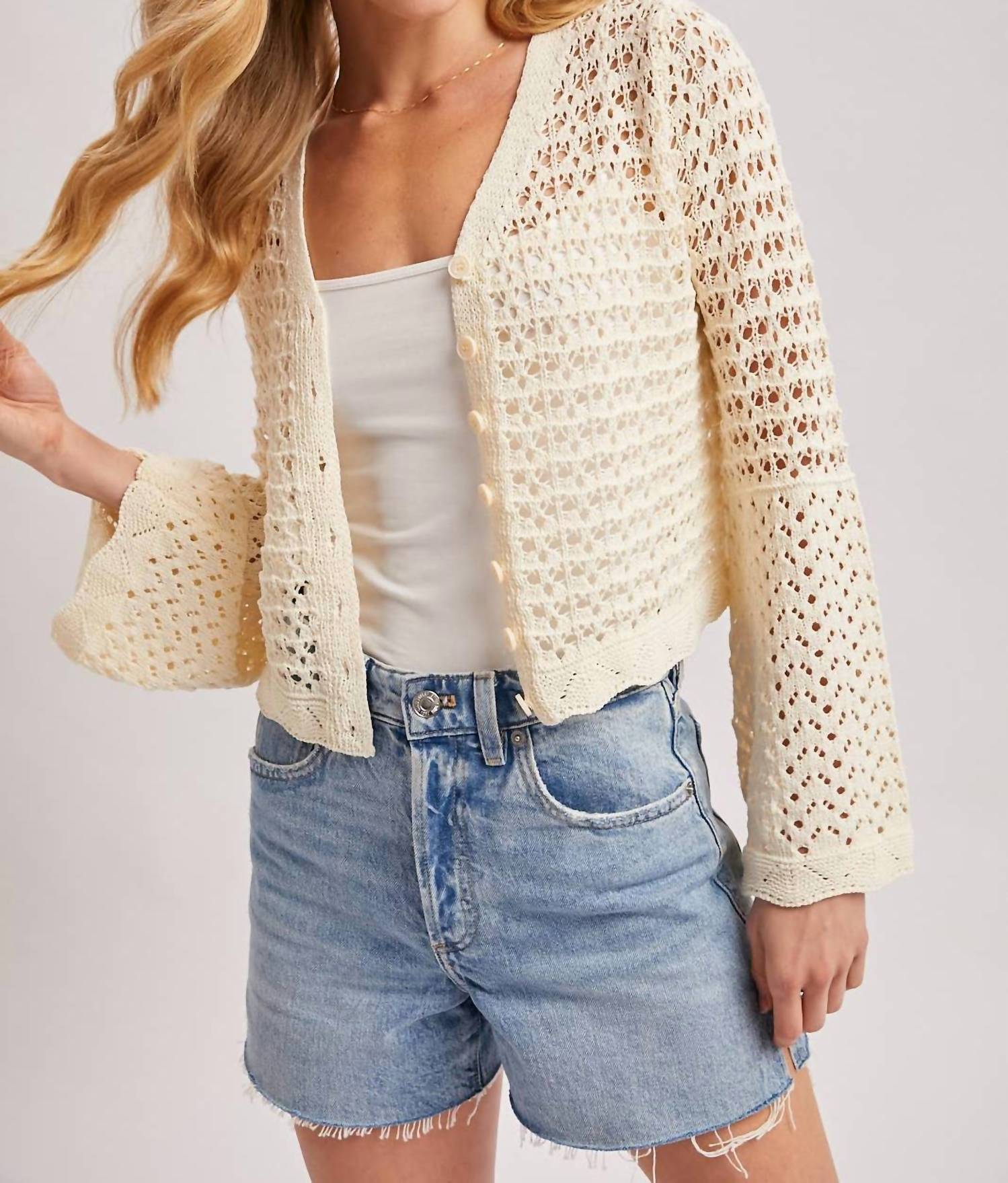 Bluivy - Button Down Open Knit Crochet Cardigan