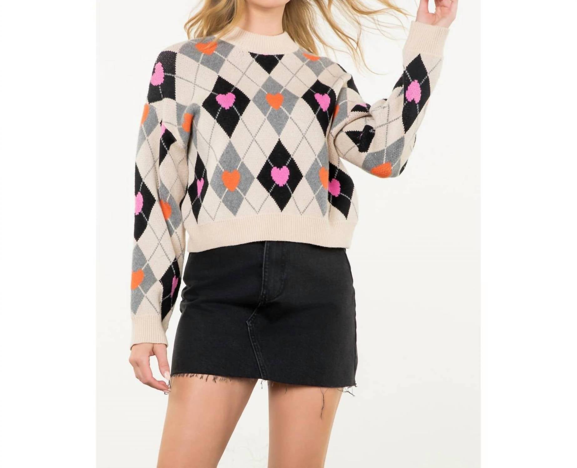 THML Argyle Pattern Knit Sweater in cream - women's sweater