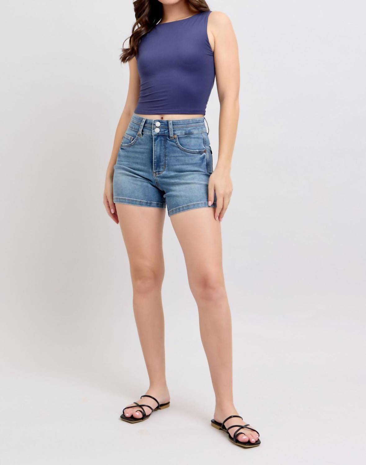 Judy Blue High Waist Tummy Control Cool Denim Double Waistband Shorts in blue - women's shorts - view 6