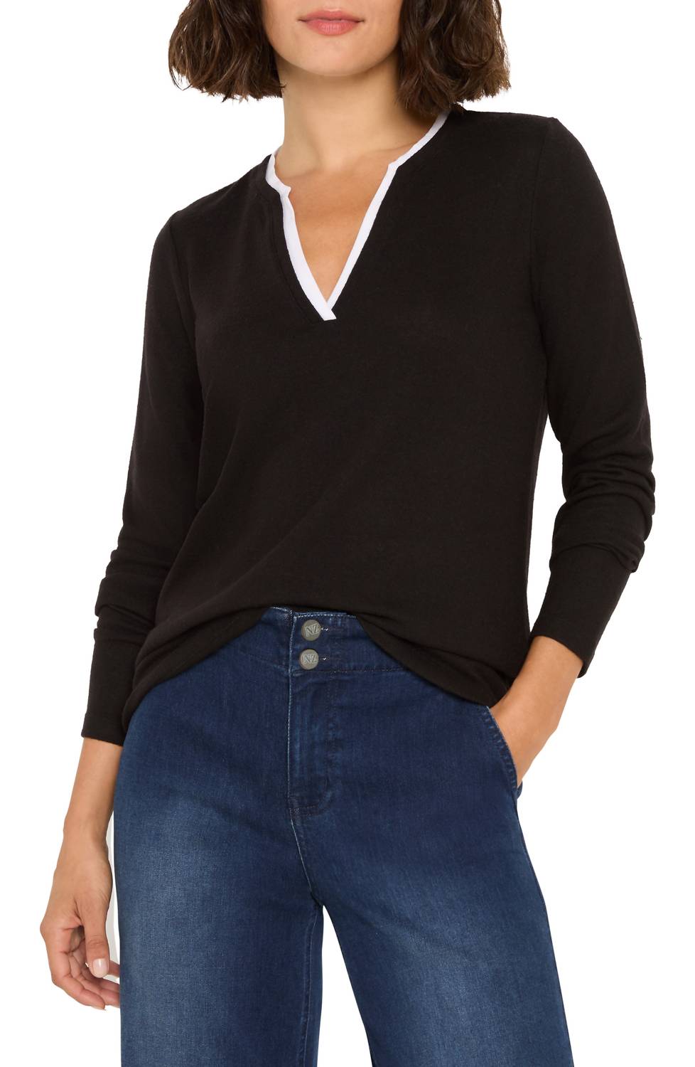 Nic + Zoe Cozy Double Layer Split Neck Top in black - women's long sleeve top