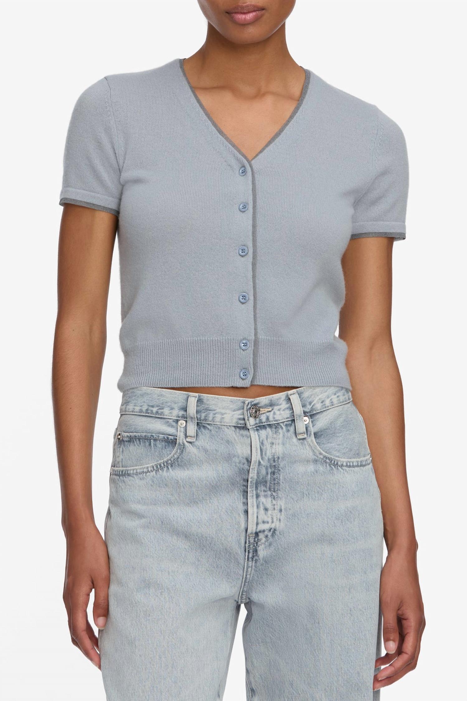 FRAME Cashmere Mix Trim Cardigan in grey blue - women's cardigan