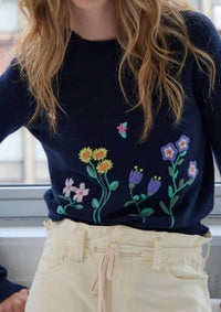 Autumn Cashmere - Flowers Embroidered Crew Sweater