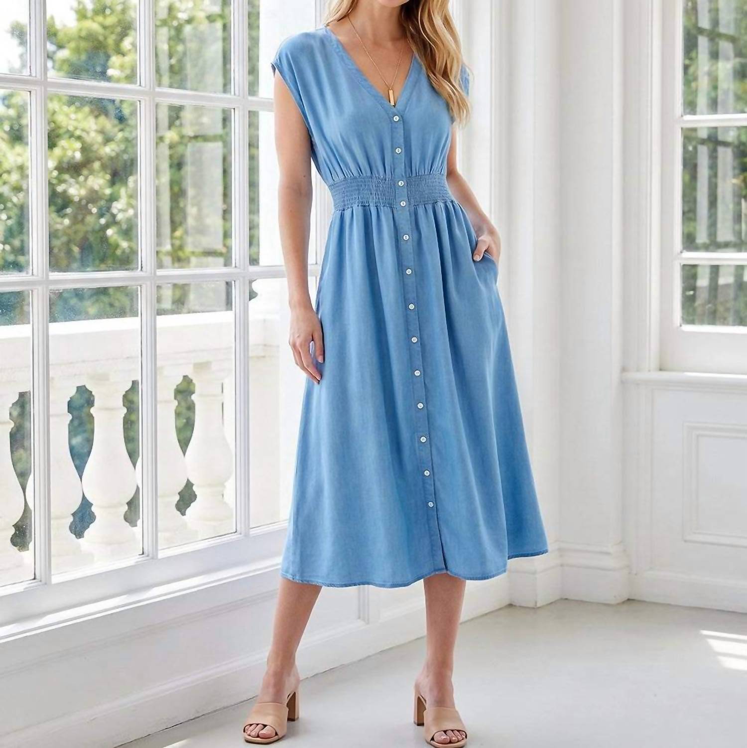 Karen Kane - Cap Sleeve Smocked Waist Button-Up Midi Dress