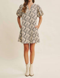 In February - Cream Mini A-line Dress With Black Floral Details - 'savannah Dress'