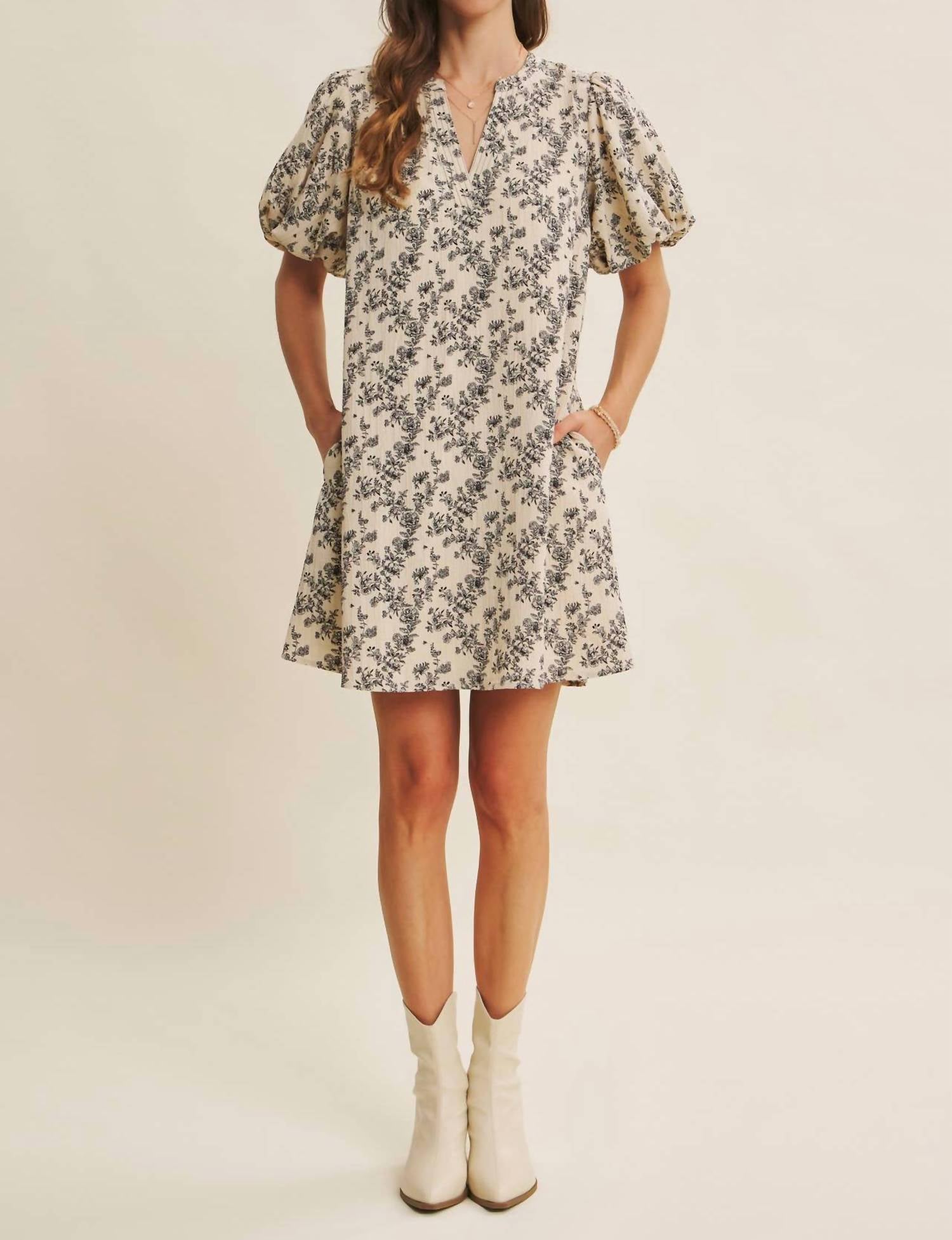 In February - Cream Mini A-line Dress With Black Floral Details - 'savannah Dress'