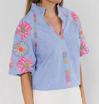 Thml - Puff Sleeve Embroidery Stripe Top