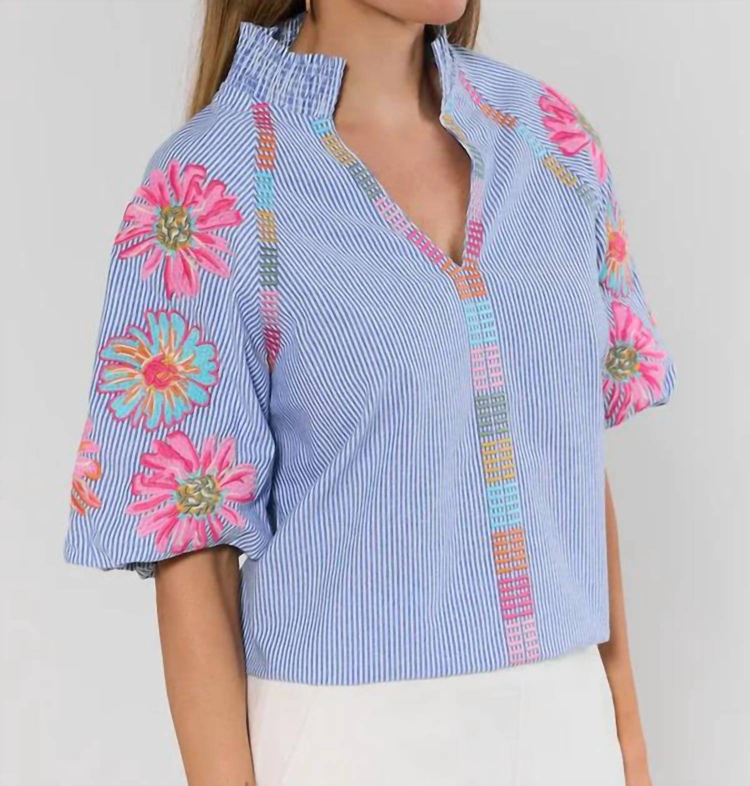 Thml - Puff Sleeve Embroidery Stripe Top