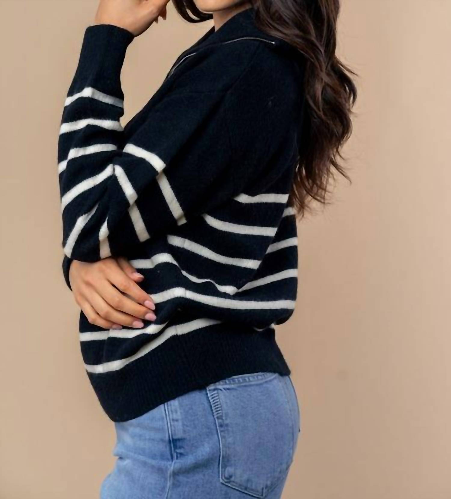 White Birch - Striped 1/4 Zip Sweater
