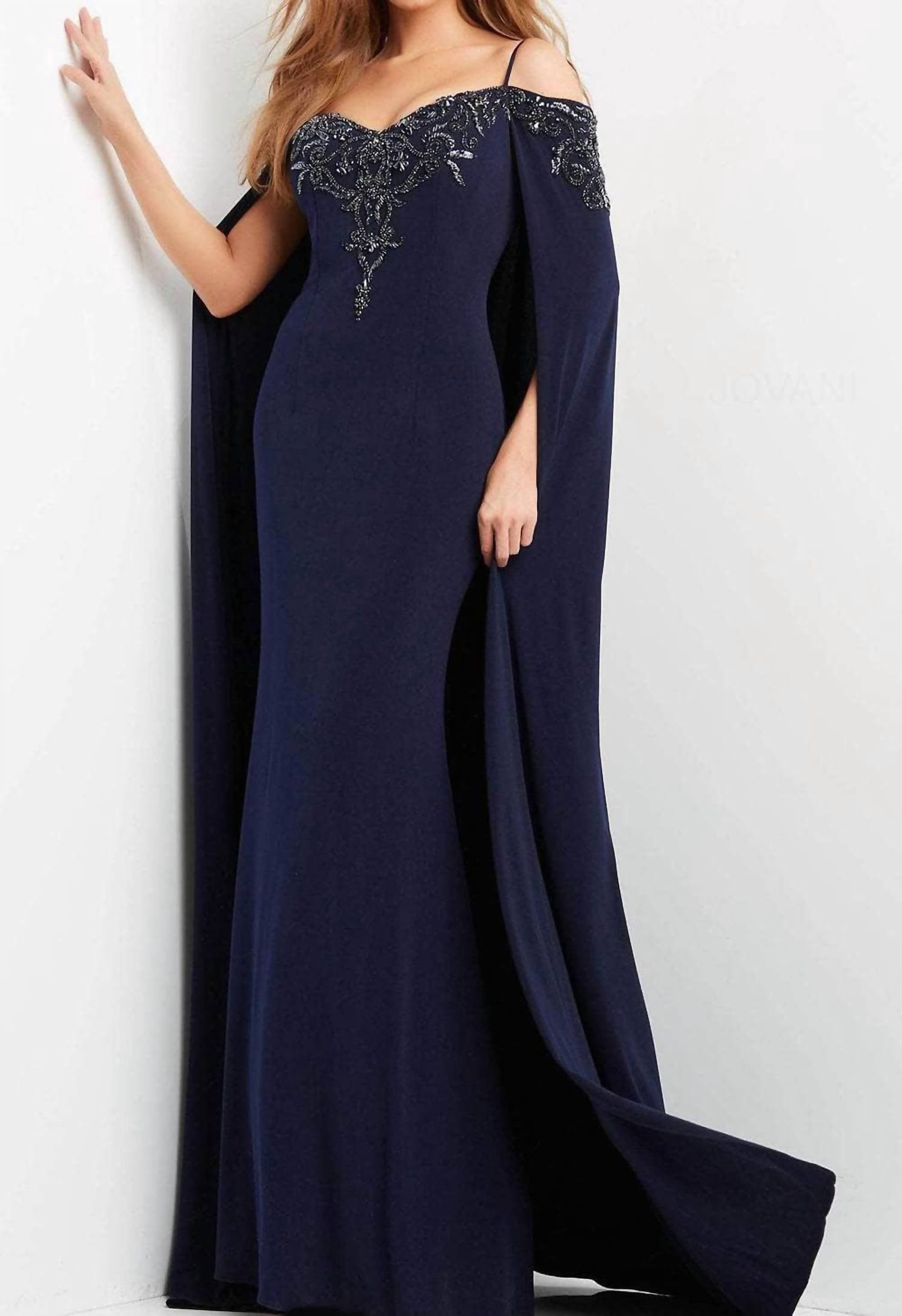 Jovani - Long Cape Embellished Evening Gown