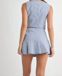 Mable - Gingham Tie Front Bow Tie Top Pleated Mini Skirt Set