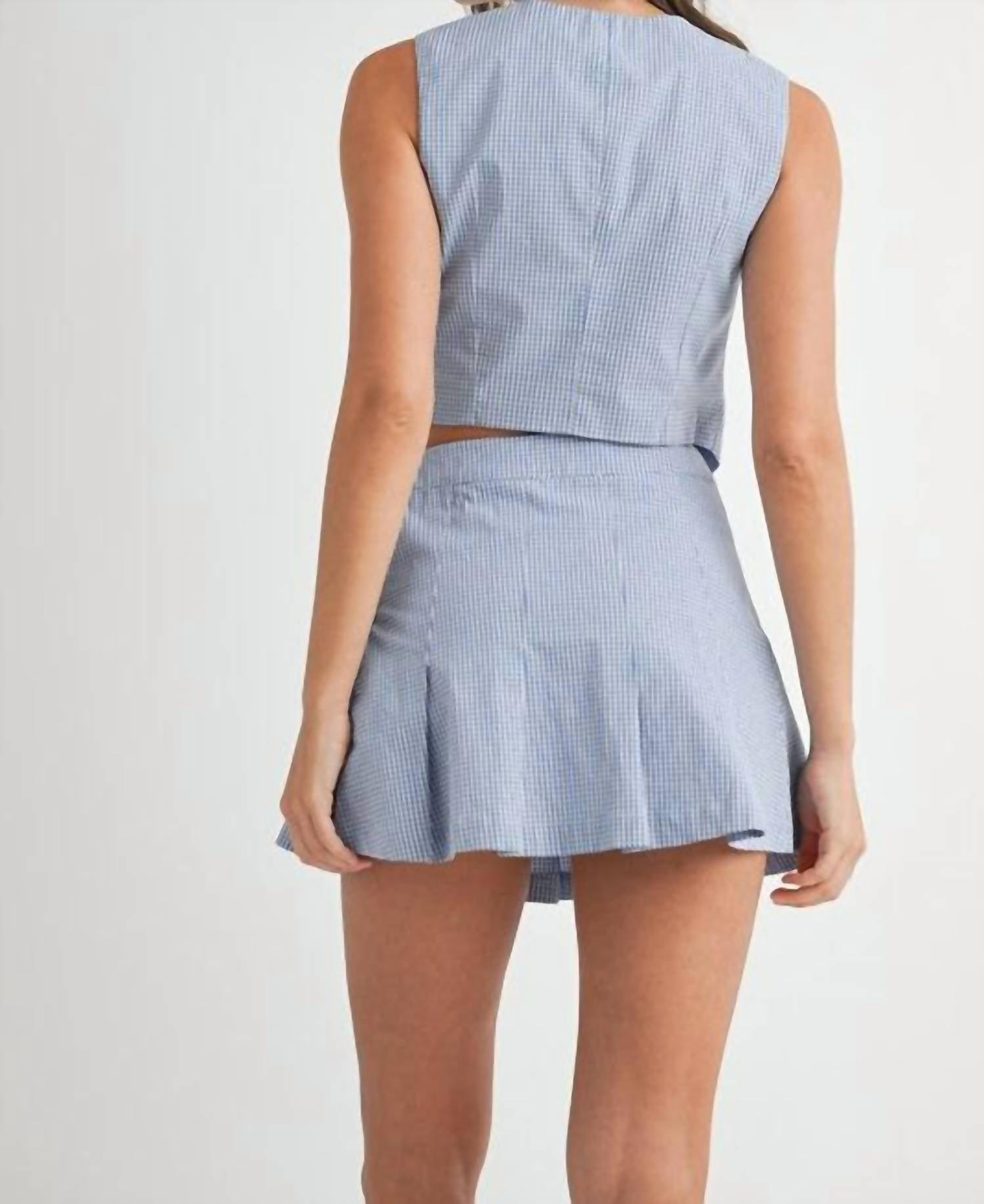 Mable - Gingham Tie Front Bow Tie Top Pleated Mini Skirt Set
