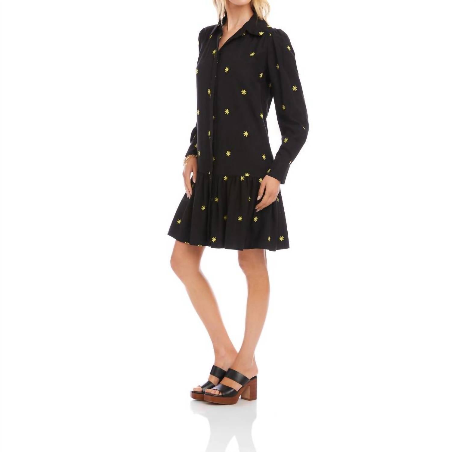 Karen Kane Long Sleeve Embroidered Ruffle Hem Dress in black - women's dress - detail view