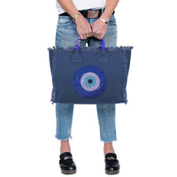 Hipchik - Women's Evil Eye Fringe Canvas Tote Bag