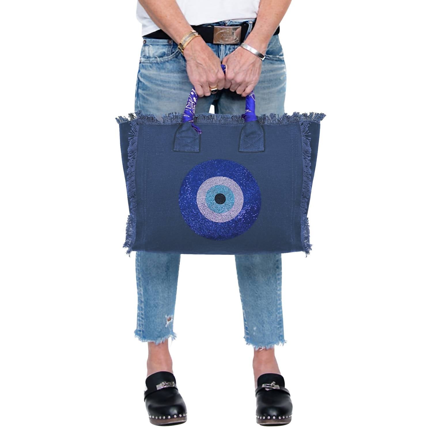 Hipchik - Women's Evil Eye Fringe Canvas Tote Bag