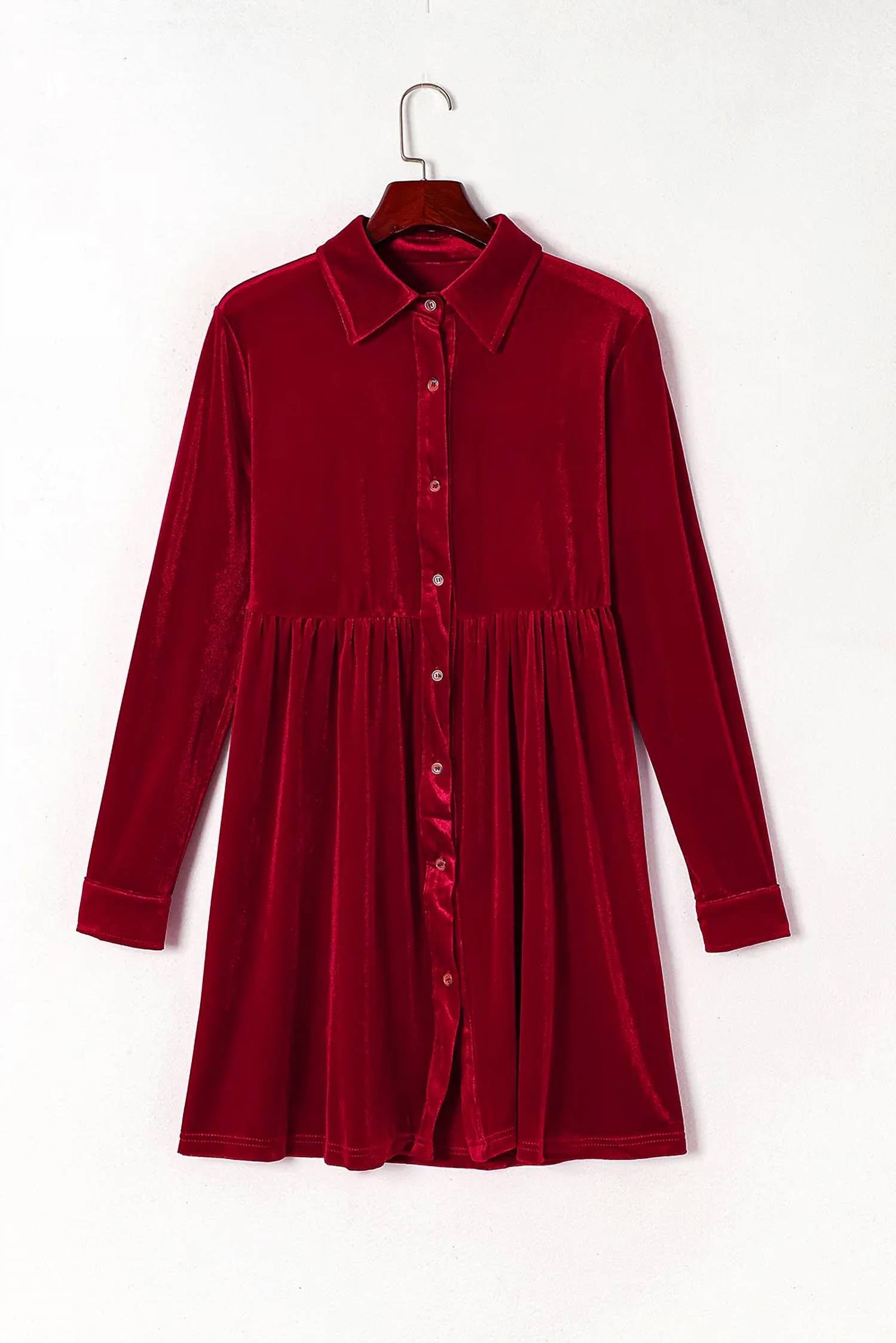 Dear Lover - Long Sleeve Ruffle Velvet Button Up Dress