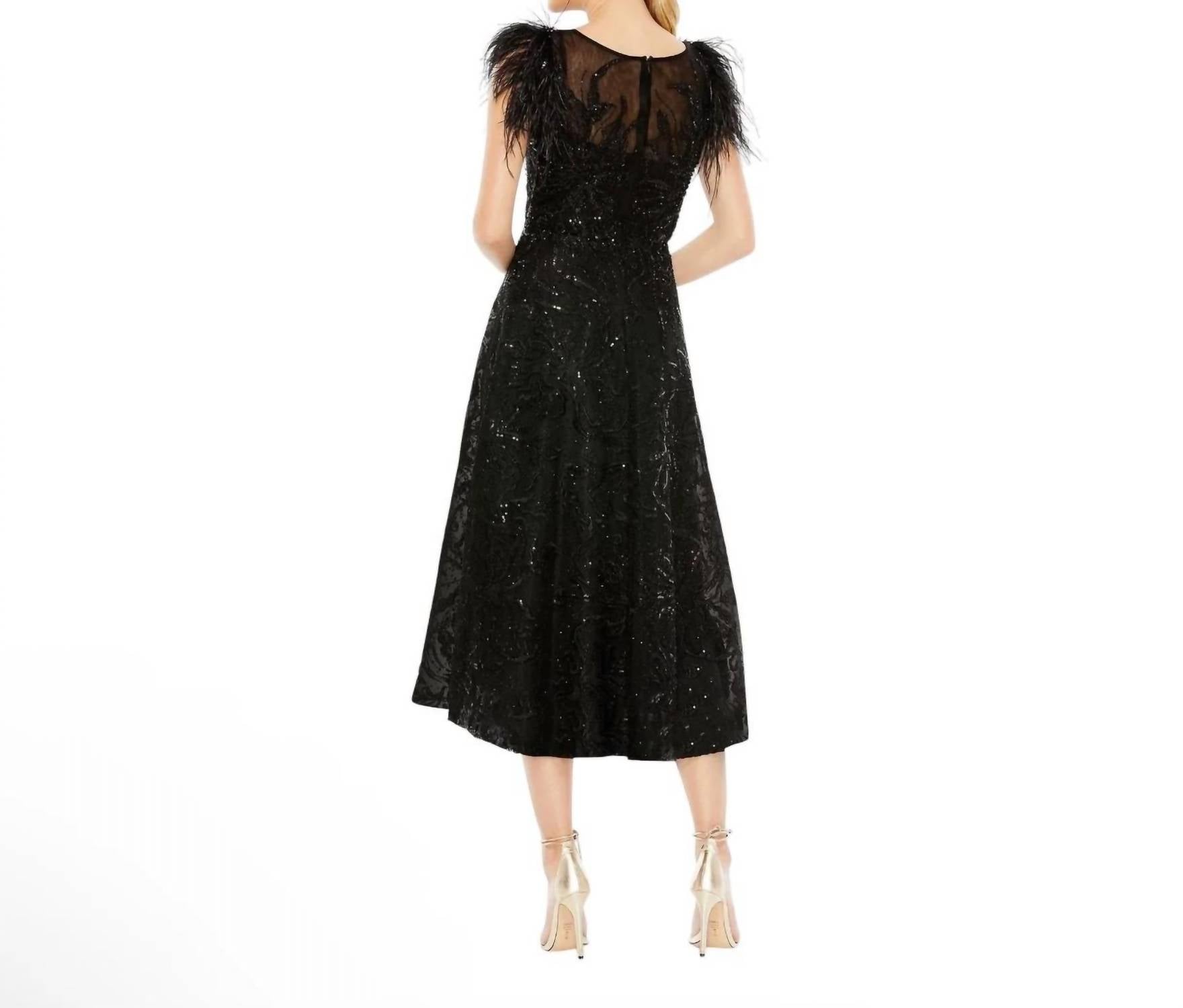 Mac Duggal - Feather Shoulder Sequin Embellished Midi Dress