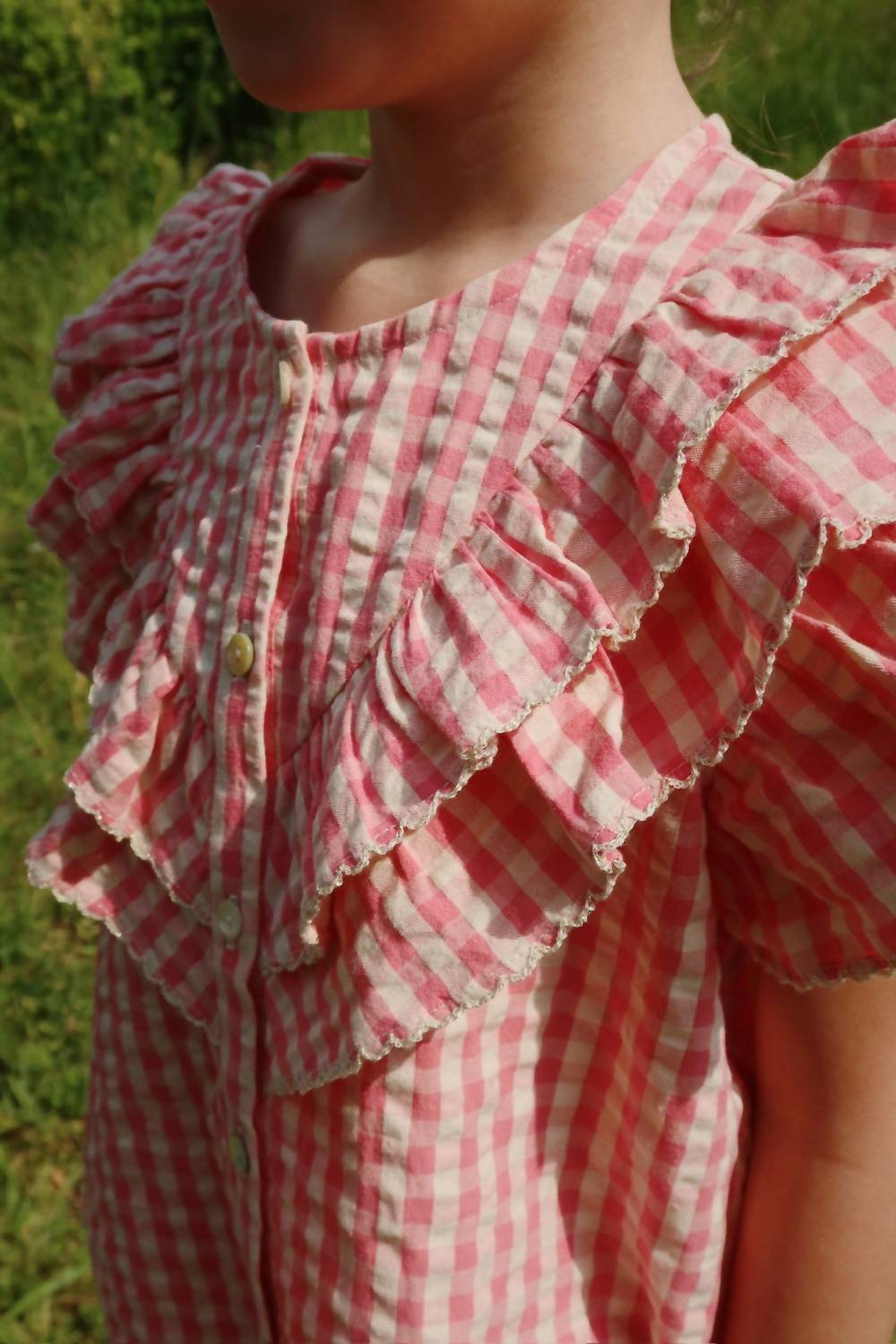 Konges Sløjd Kim Frill Check Shirt in flamingo pink - kids' blouse - alternate view