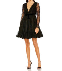 MAC DUGGAL Lace Long Sleeve Mini Dress in black - women's dress
