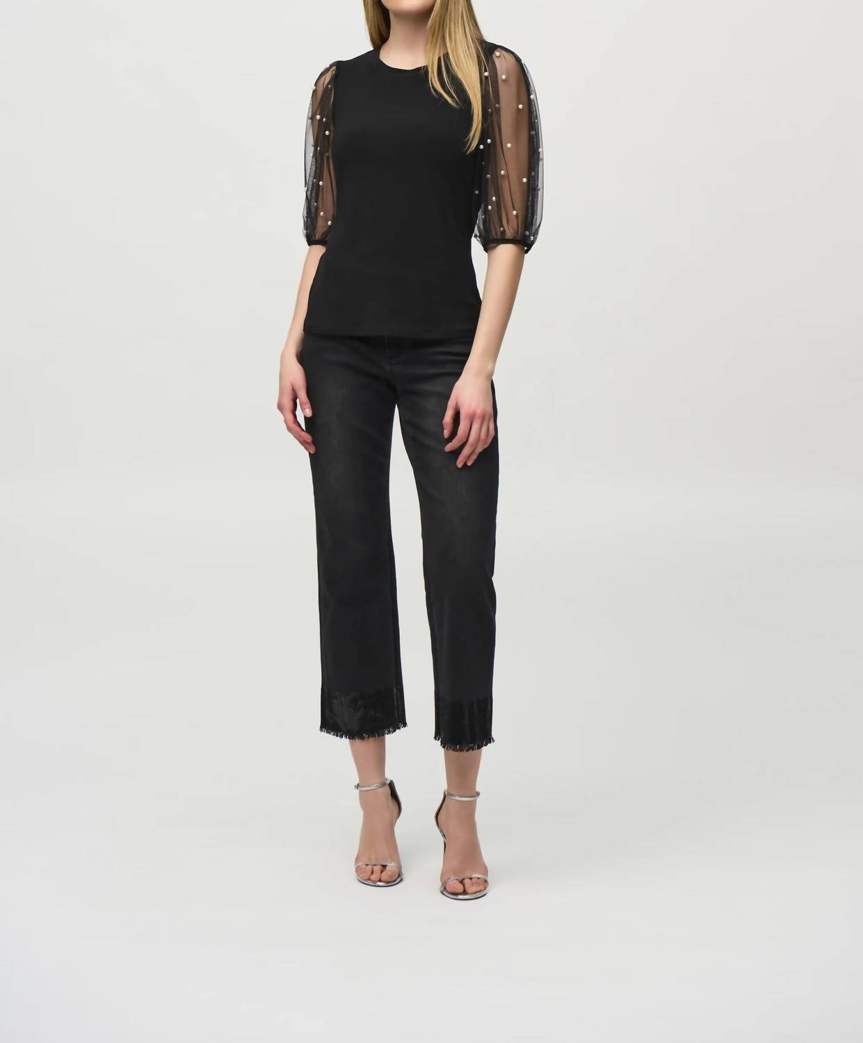 Joseph Ribkoff - Stasia Silky Knit Top With Embellished Mesh Sleeves