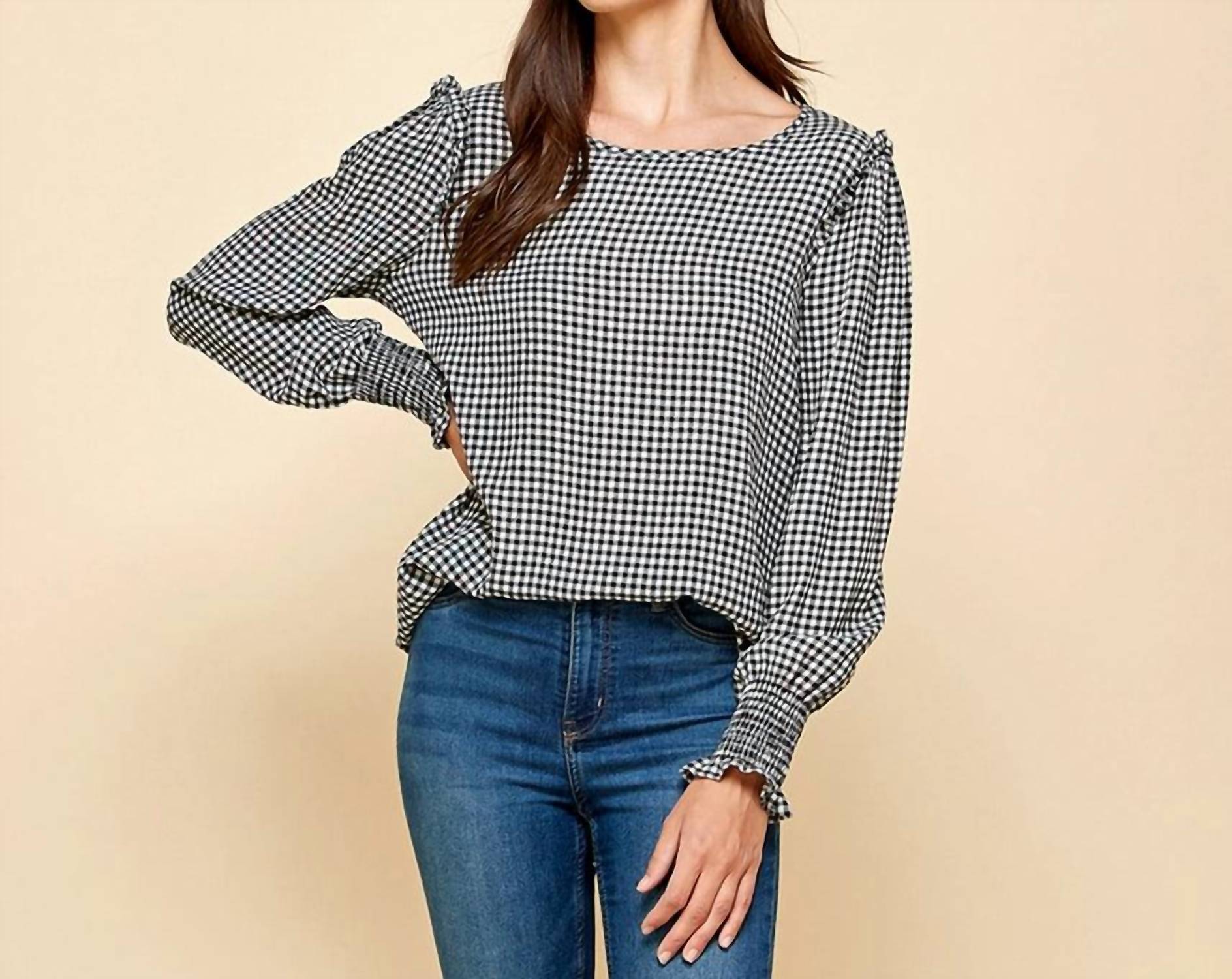 les amis Women's Gingham Top in black - women's long sleeve top